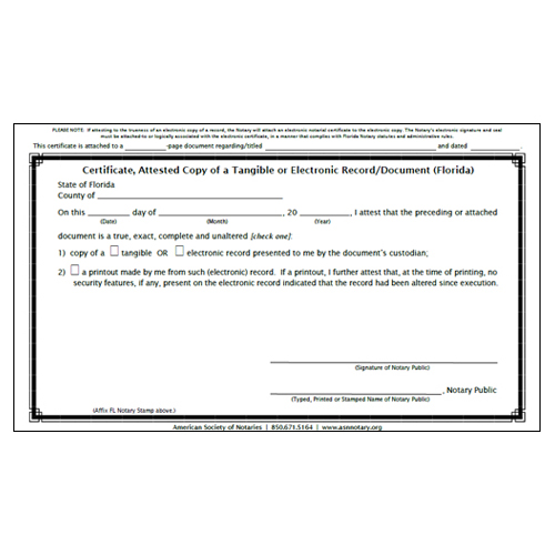 Florida Attested Copy Certificate Pad 