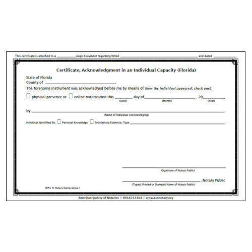 Florida Acknowledgment Certificate Pad – Individual Capacity
