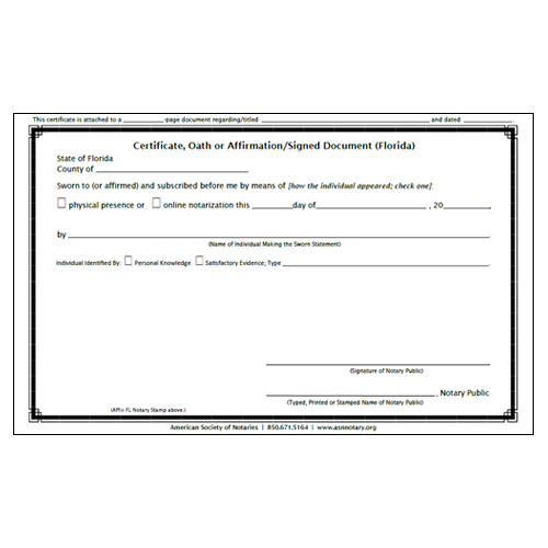 Florida Oath/Affirmation (Jurat) Certificate Pad