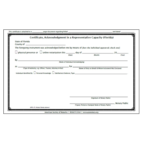 Florida Acknowledgment Certificate Pad – Representative Capacity 